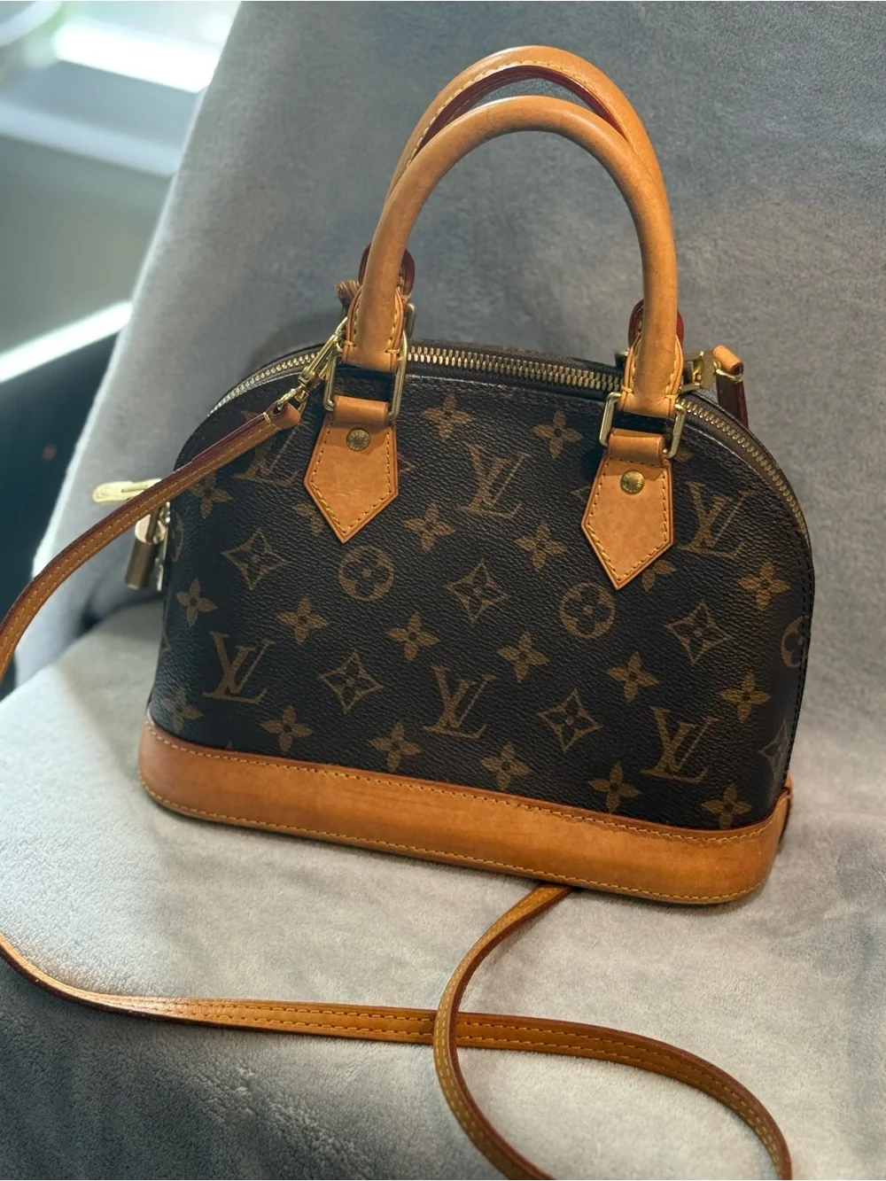 Louis Vuitton Brown Monogram Alma Satchel with Tan Trim